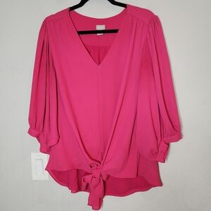 Chico's Pink Tie-Front Crepe Blouse Wide Sleeve Vneck Size 2 Large Lined